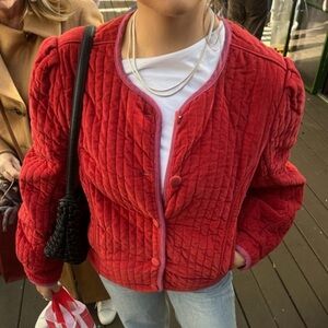 Free People Natalia Red Velvet Quilted Structured Colorful Bohemian Jacket XS